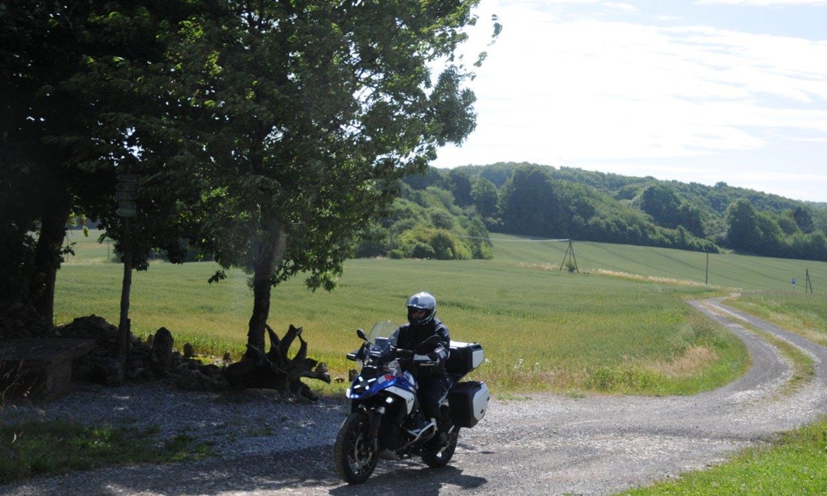 Ein Motorradfahrer faehrt auf einem Feldweg ueber gruene Wiesen