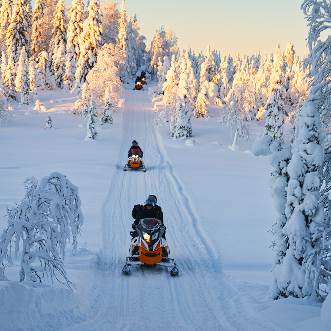 Mehrere Motorschlitten fahren hintereinander druch die verschneite Winterlandschaft Lapplands